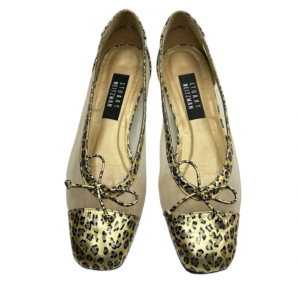 Stuart Weitzman Beige Flats with Gold Leopard Cap-Toe and Bow